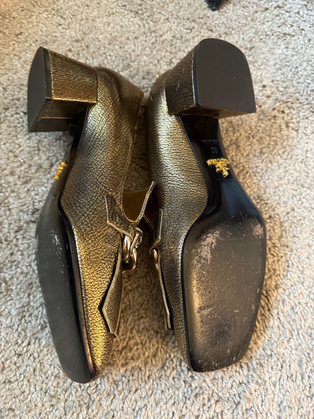 Prada Metallic Gold Chain-Accent Loafers - Picture 3 of 3
